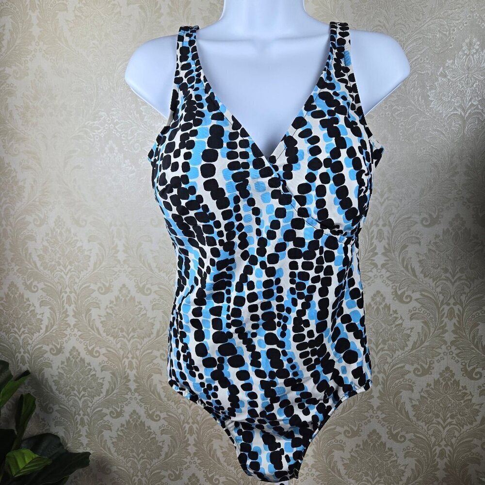 Miraclesuit Size 16 One Piece Swimsuit White Black Blue Graphic Print Slimming